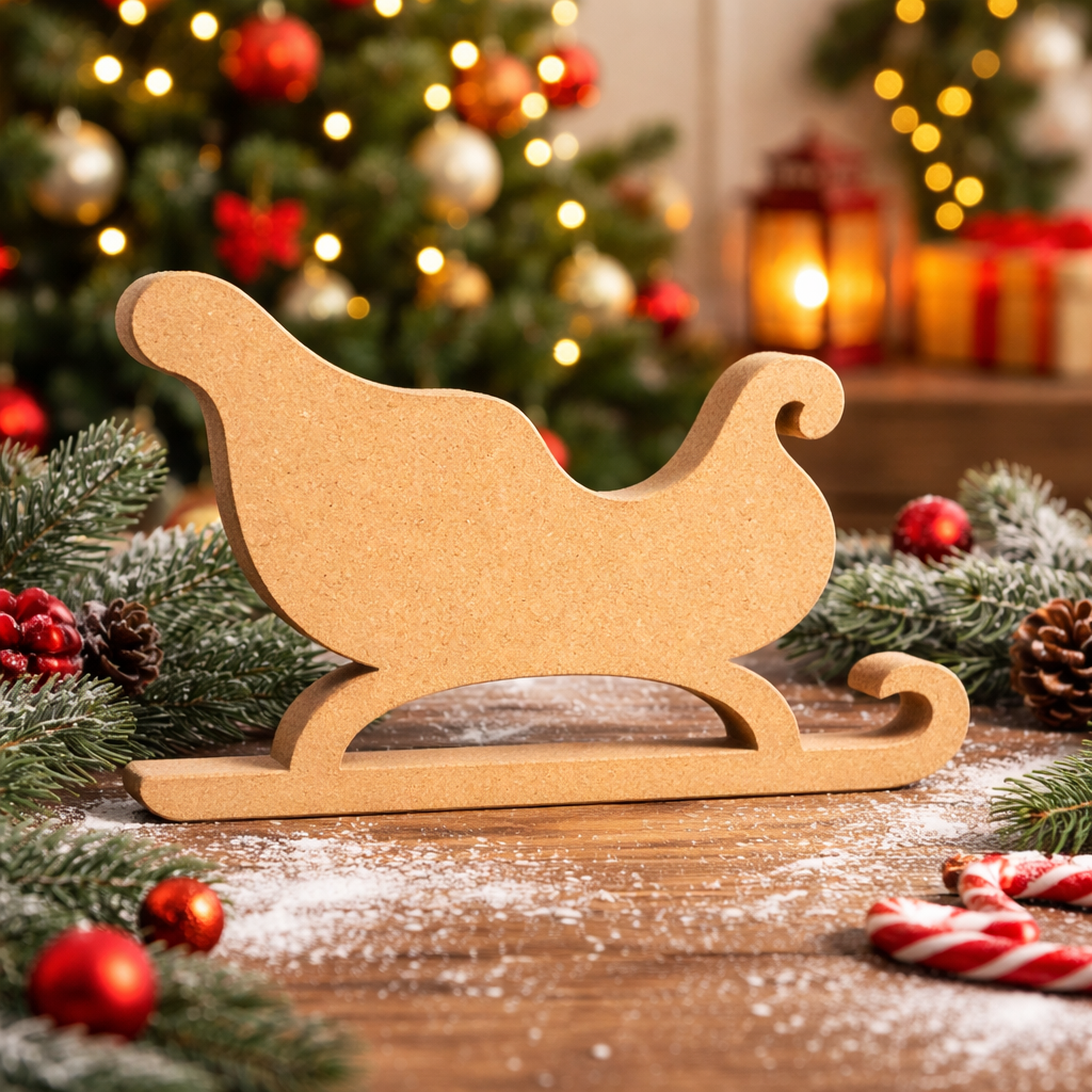 DIY MDF Santa sleigh cutout for Christmas table decor, paintable MDF craft base for festive centerpiece standing on table