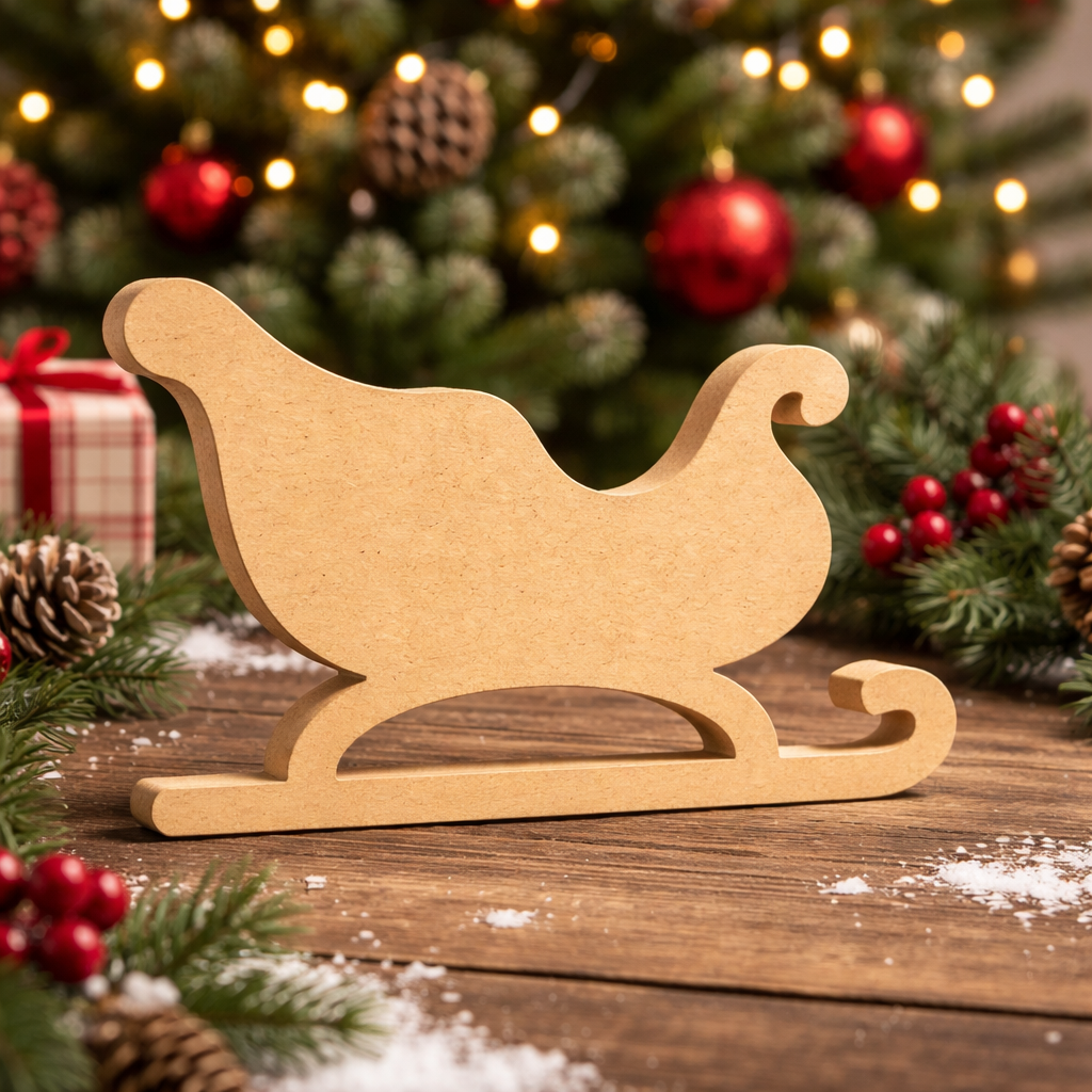 DIY MDF Santa sleigh cutout for Christmas table decor, paintable MDF craft base for festive centerpiece standing on table