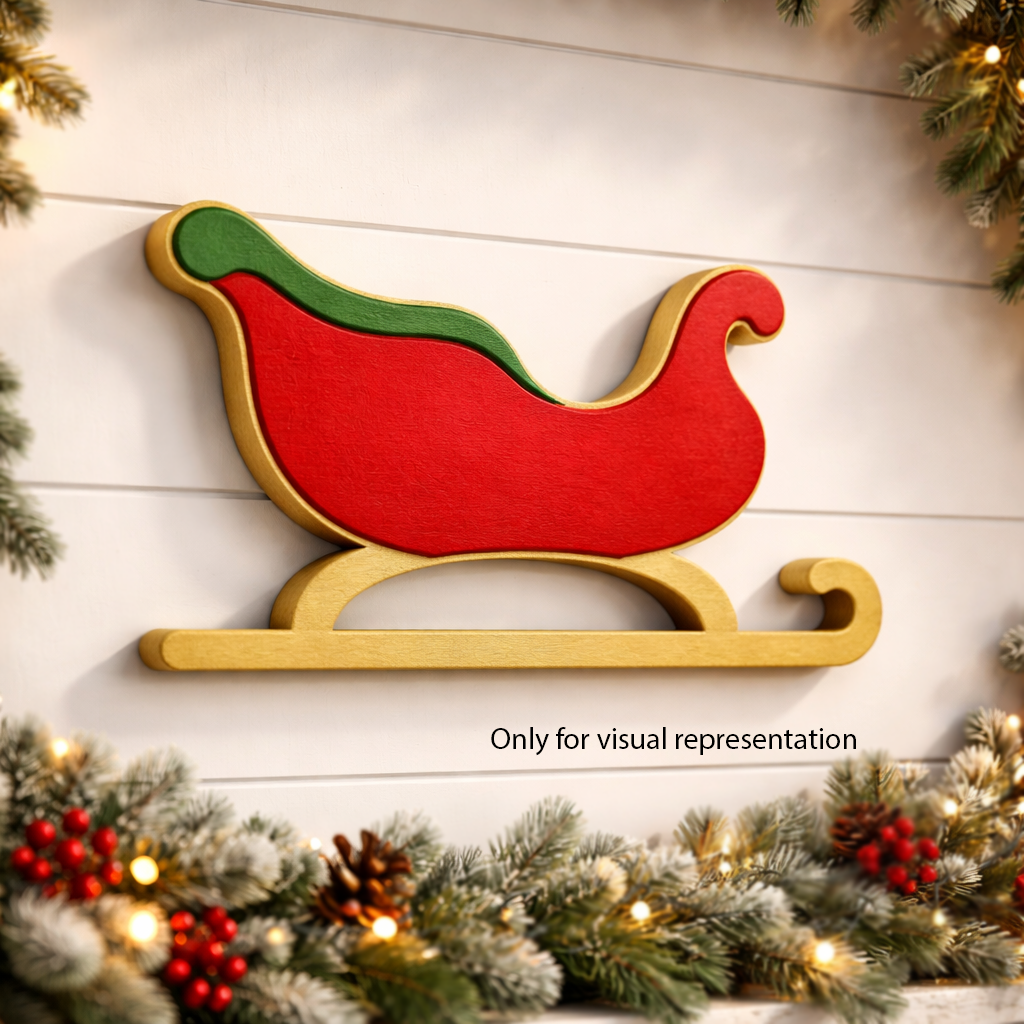 DIY MDF Santa sleigh cutout for Christmas table decor, paintable MDF craft base for festive centerpiece mounted on wall (visual representation)