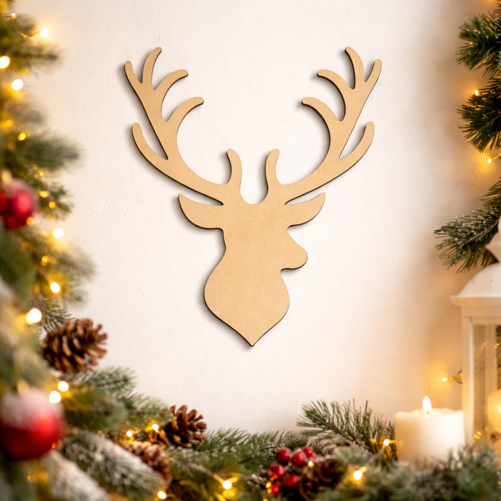 DIY MDF reindeer head cutout for Christmas wall decor, paintable MDF craft mounted on wall