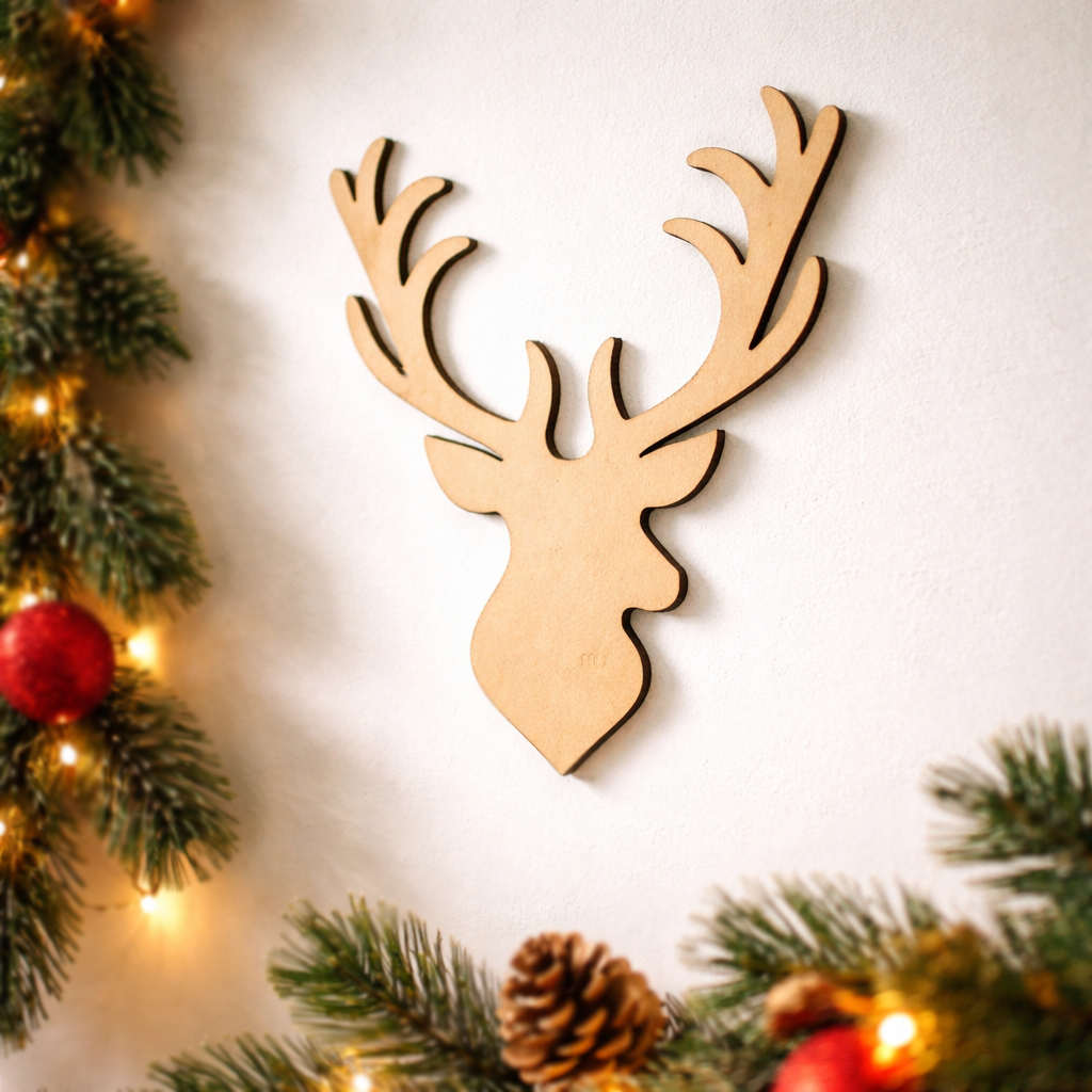 DIY MDF reindeer head cutout for Christmas wall decor, paintable MDF craft mounted on wall