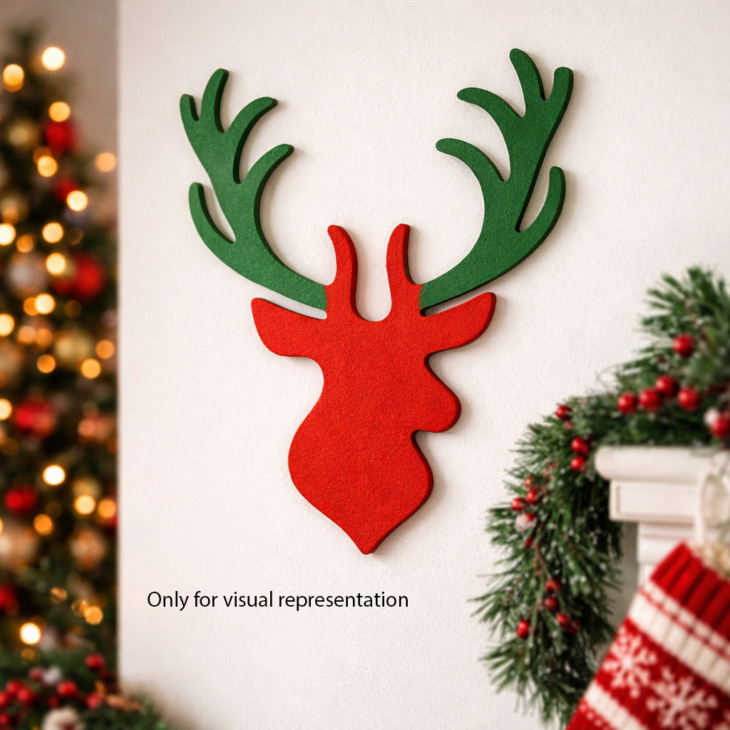 DIY MDF reindeer head coloured cutout for Christmas wall decor, paintable MDF craft mounted on wall (visual representation)