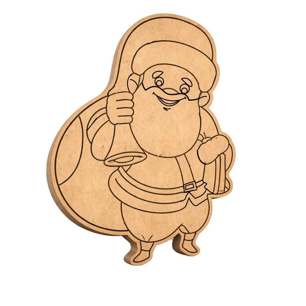 DIY MDF Santa with gift cutout for Christmas crafts, paintable MDF Santa standee for holiday decor.