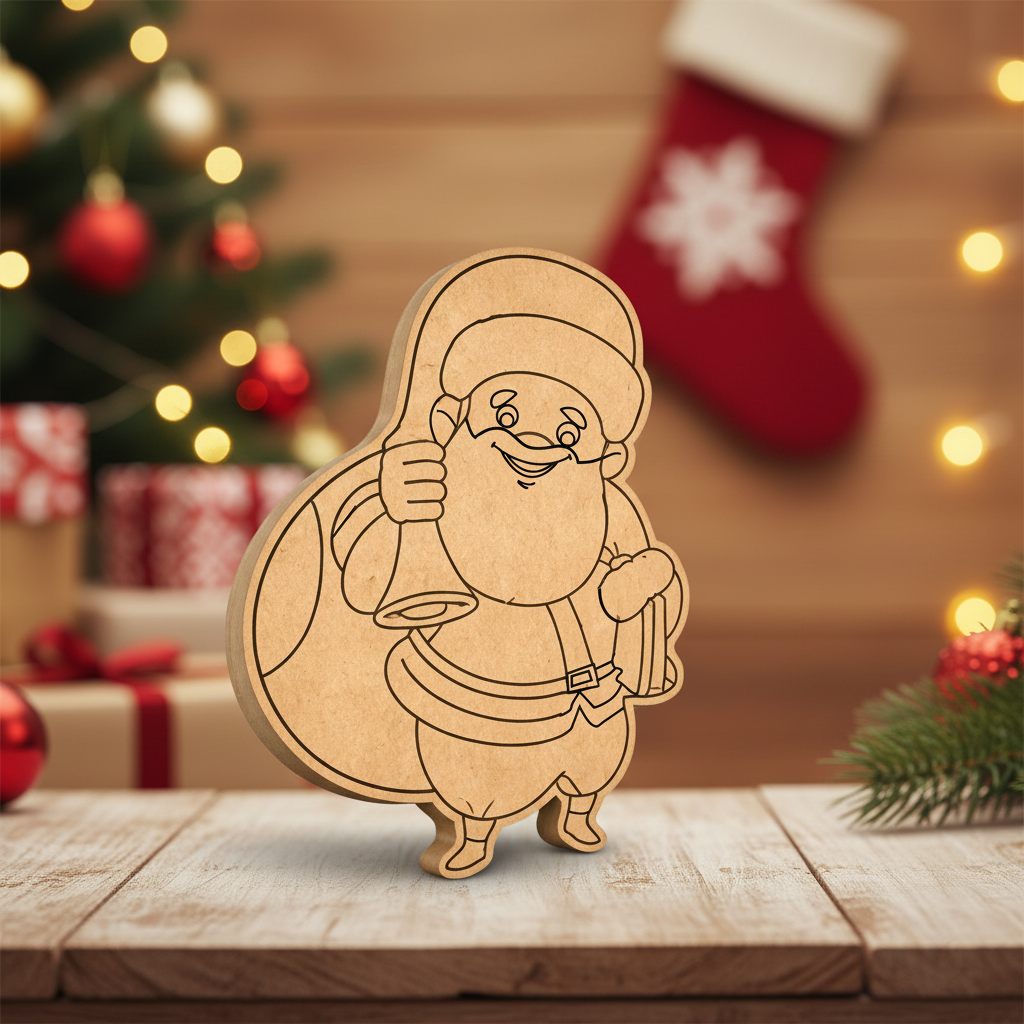 DIY MDF Santa with gift cutout for Christmas crafts, paintable MDF Santa standee standing on wooden table 