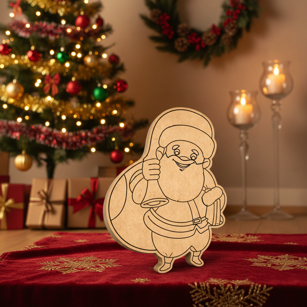 DIY MDF Santa with gift cutout for Christmas crafts, paintable MDF Santa standee standing on table 
