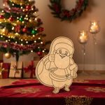 DIY MDF Santa with gift cutout for Christmas crafts, paintable MDF Santa standee standing on table 