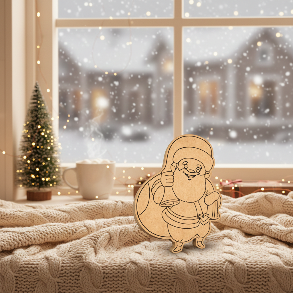DIY MDF Santa with gift cutout for Christmas crafts, paintable MDF Santa standee standing on table window side 