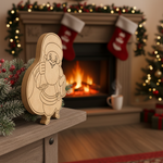 DIY MDF Santa with gift cutout for Christmas crafts, paintable MDF Santa standee standing on table 