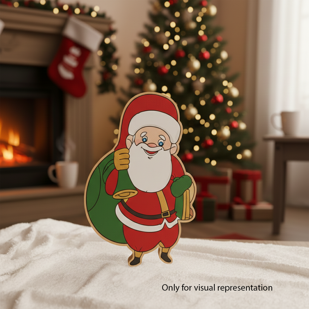 DIY MDF Santa with gift coloured cutout for Christmas crafts, paintable MDF Santa standee standing on table  (visual representation)