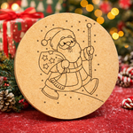 DIY MDF round Santa walking plaque cutout for Christmas standing on decorated table 
