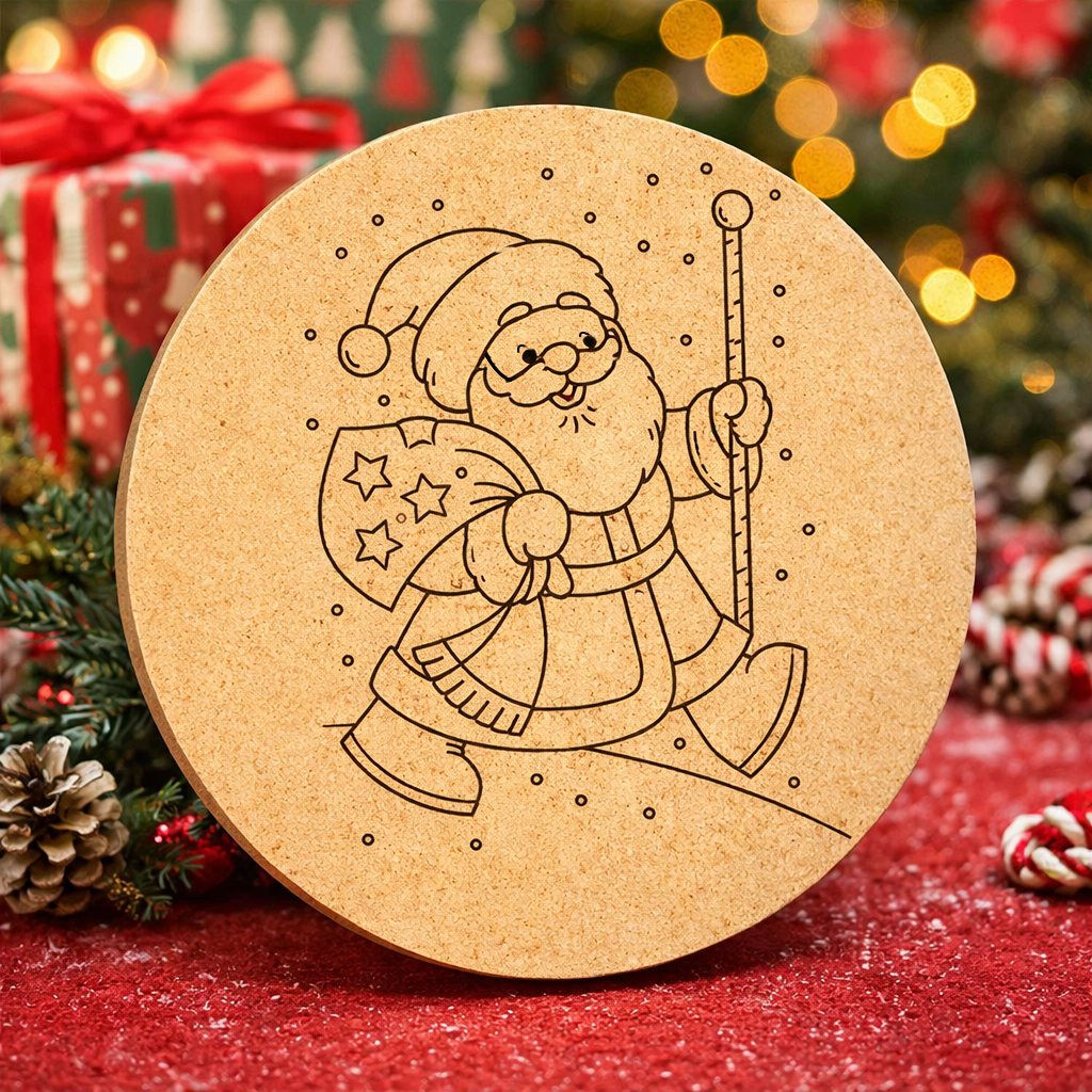 DIY MDF round Santa walking plaque cutout for Christmas standing on decorated table 