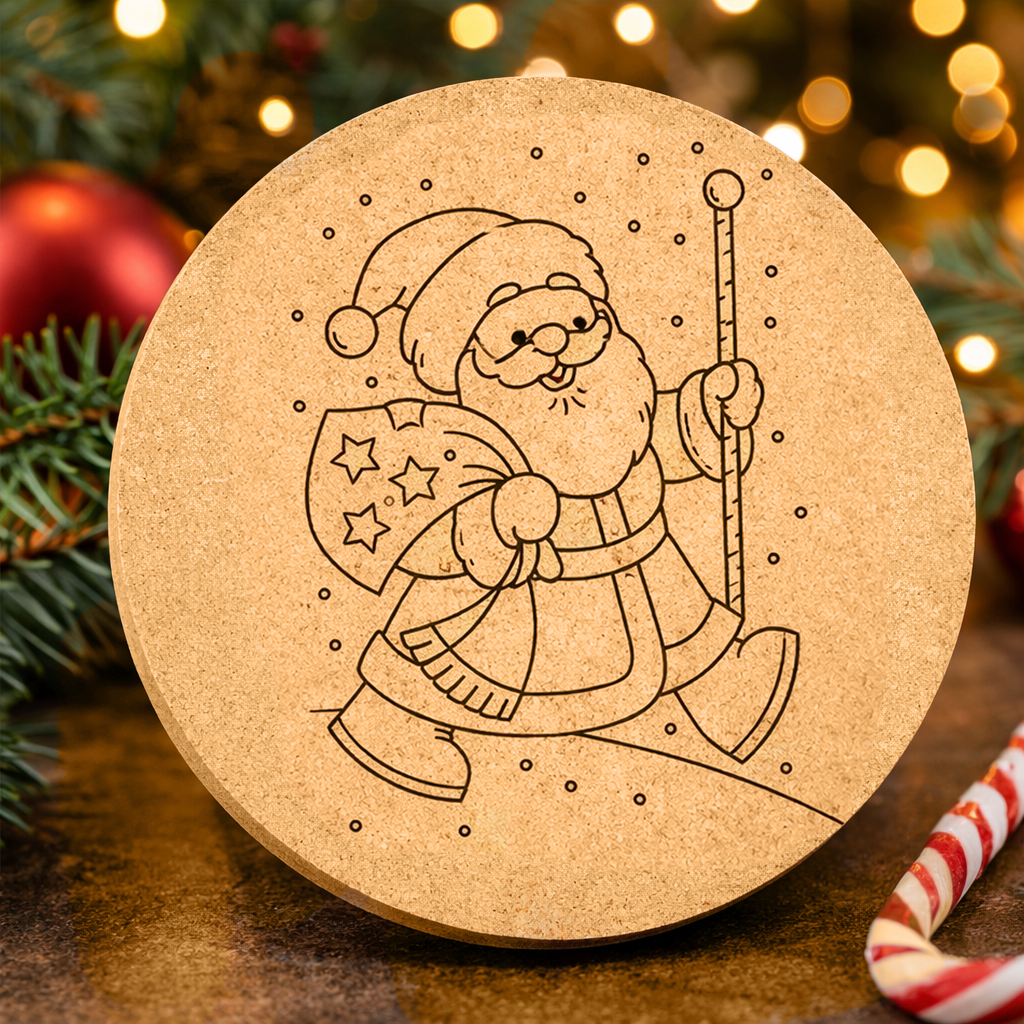 DIY MDF round Santa walking plaque cutout for Christmas standing on table 