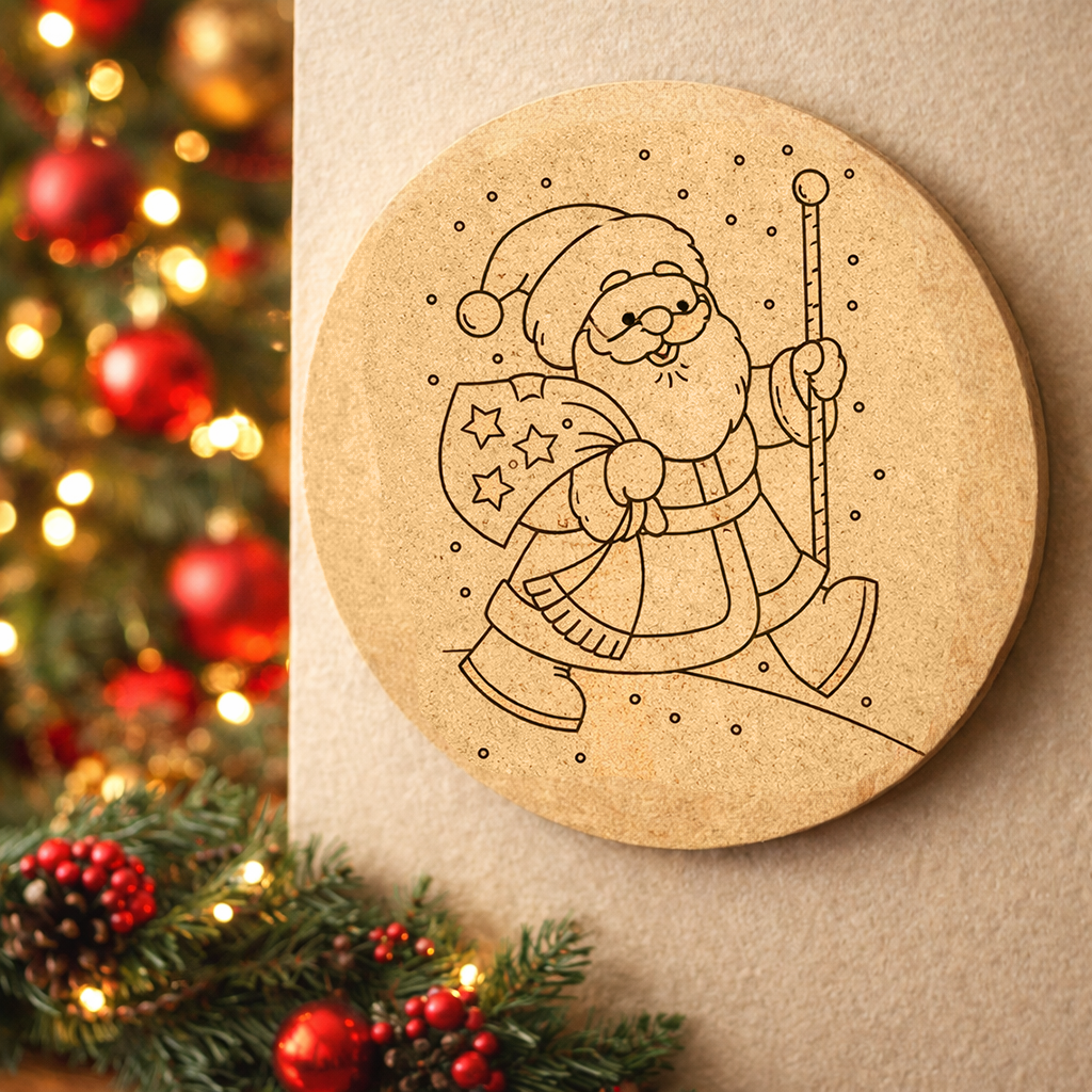 DIY MDF round Santa walking plaque cutout for Christmas mounted on wall