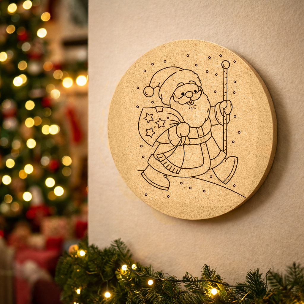 DIY MDF round Santa walking plaque cutout for Christmas mounted on wall