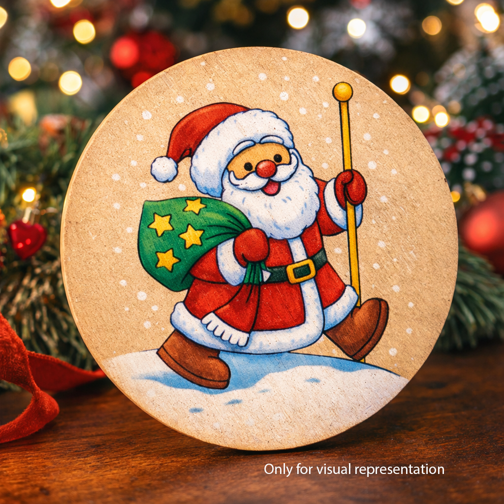 DIY MDF round Santa walking plaque coloured cutout for Christmas standing on table (visual representation)