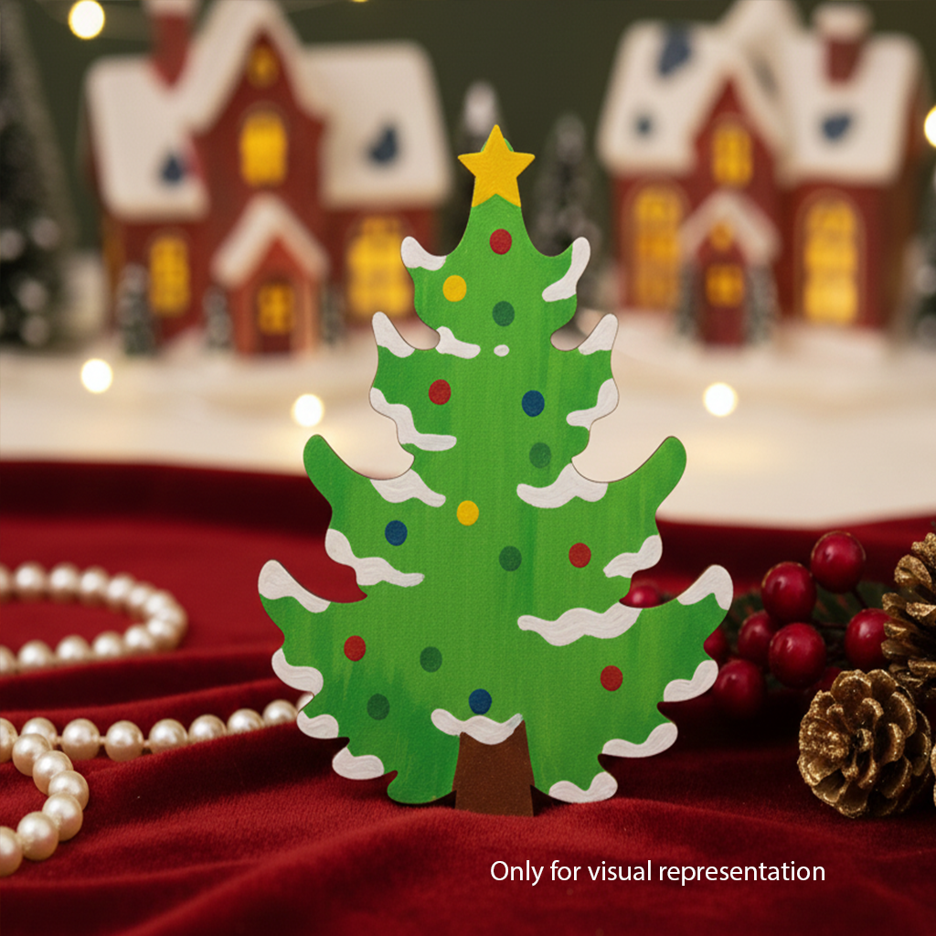 DIY MDF Christmas tree coloured cutout for painting and holiday decor standing on table (visual representation)