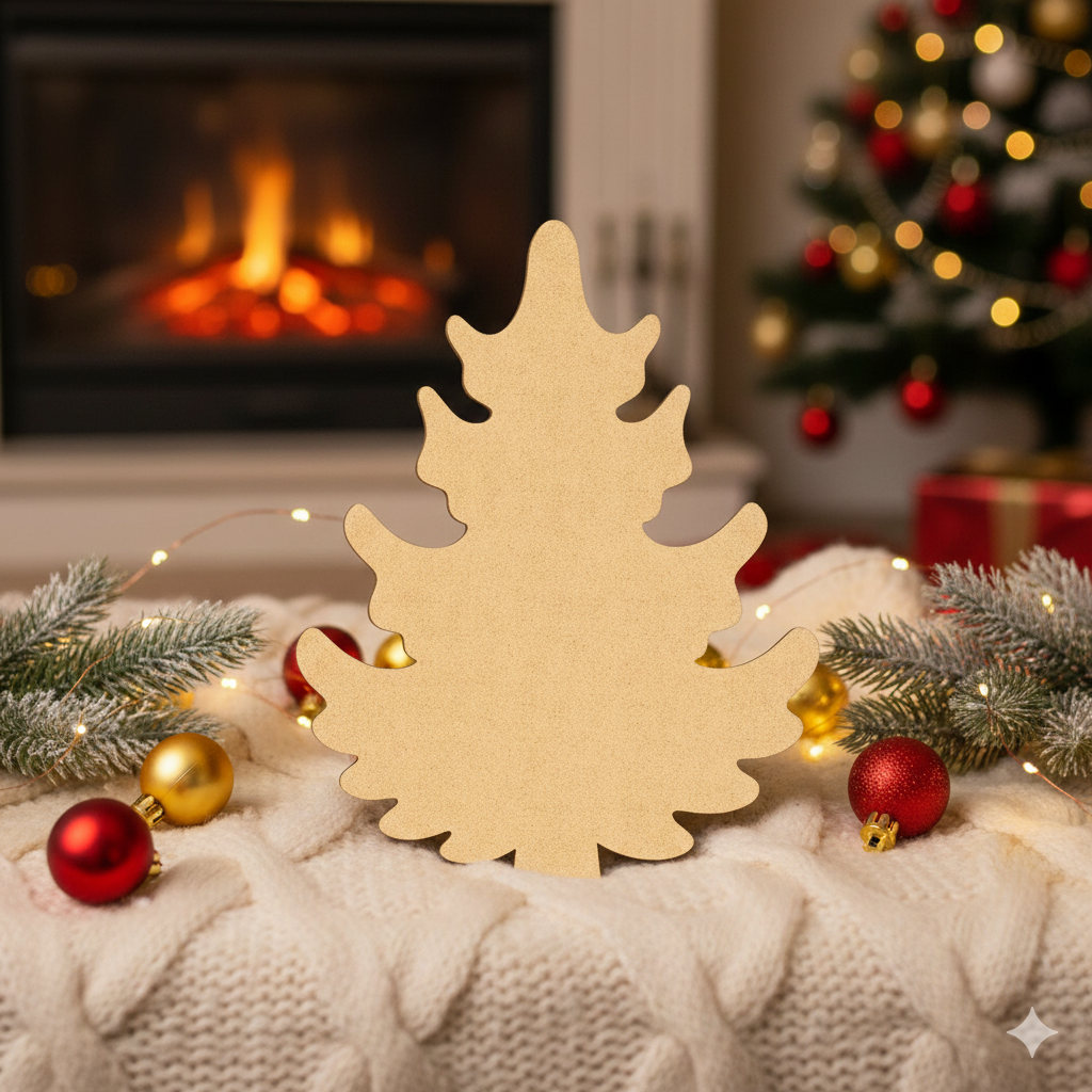 DIY MDF Christmas tree cutout for painting and holiday decor standing on table