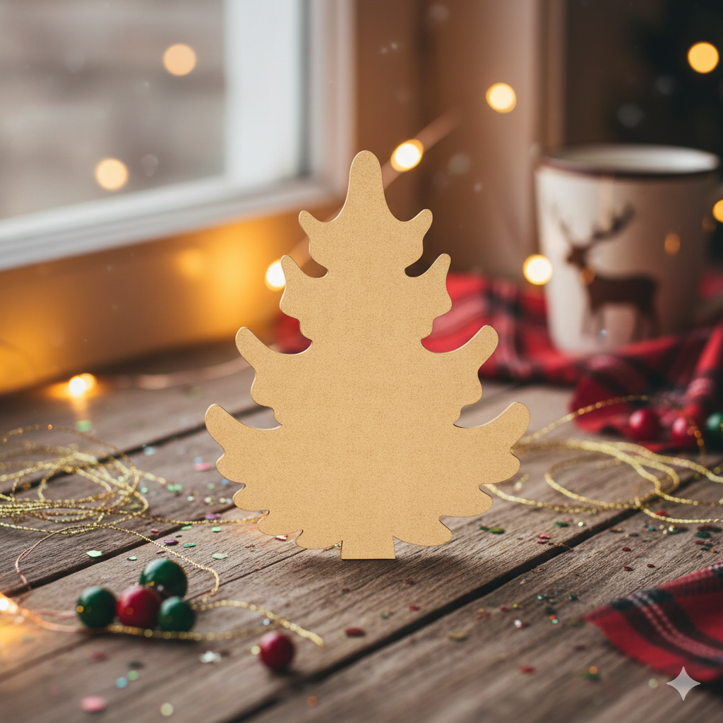 DIY MDF Christmas tree cutout for painting and holiday decor standing on table 