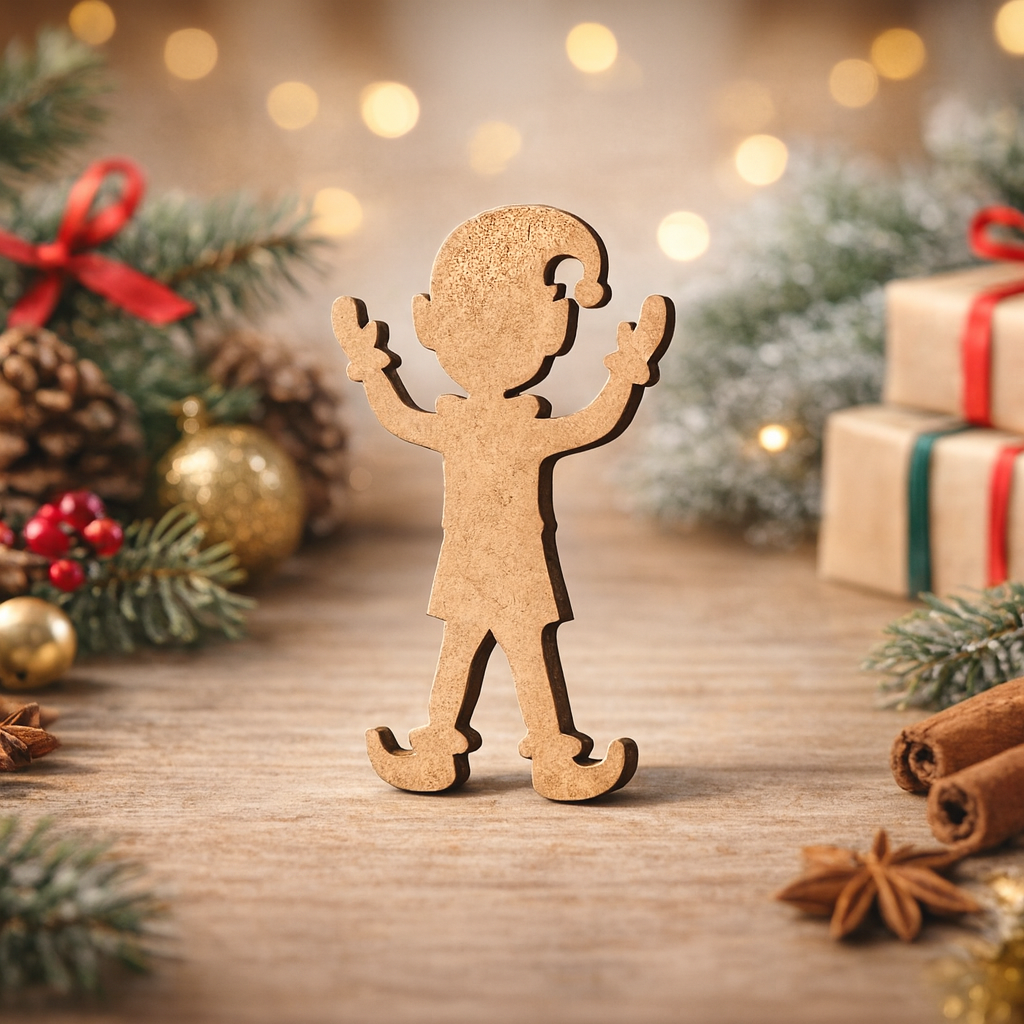DIY MDF Christmas elf cutout blank for painting and holiday decor standing on table 