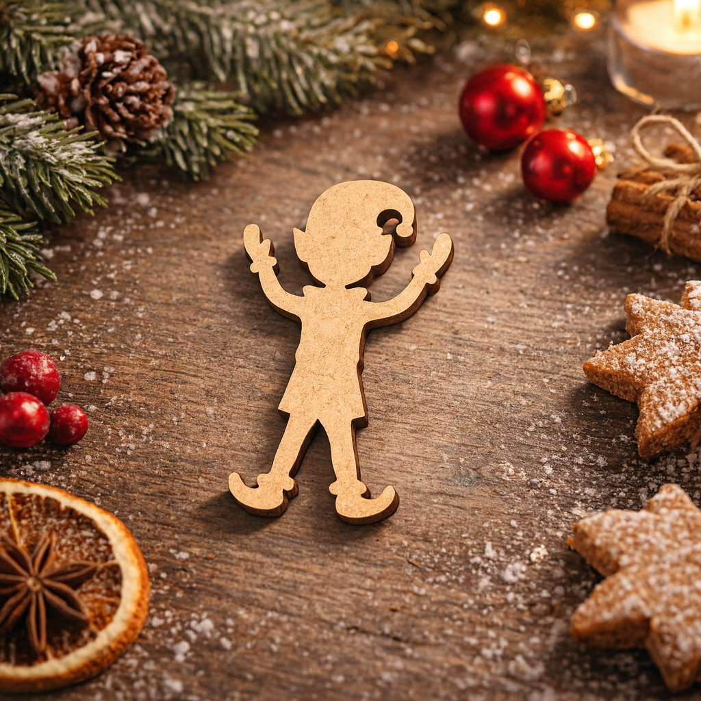 DIY MDF Christmas elf cutout blank for painting and holiday decor show on table 