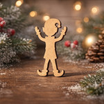 DIY MDF Christmas elf cutout blank for painting and holiday decor standing on table 