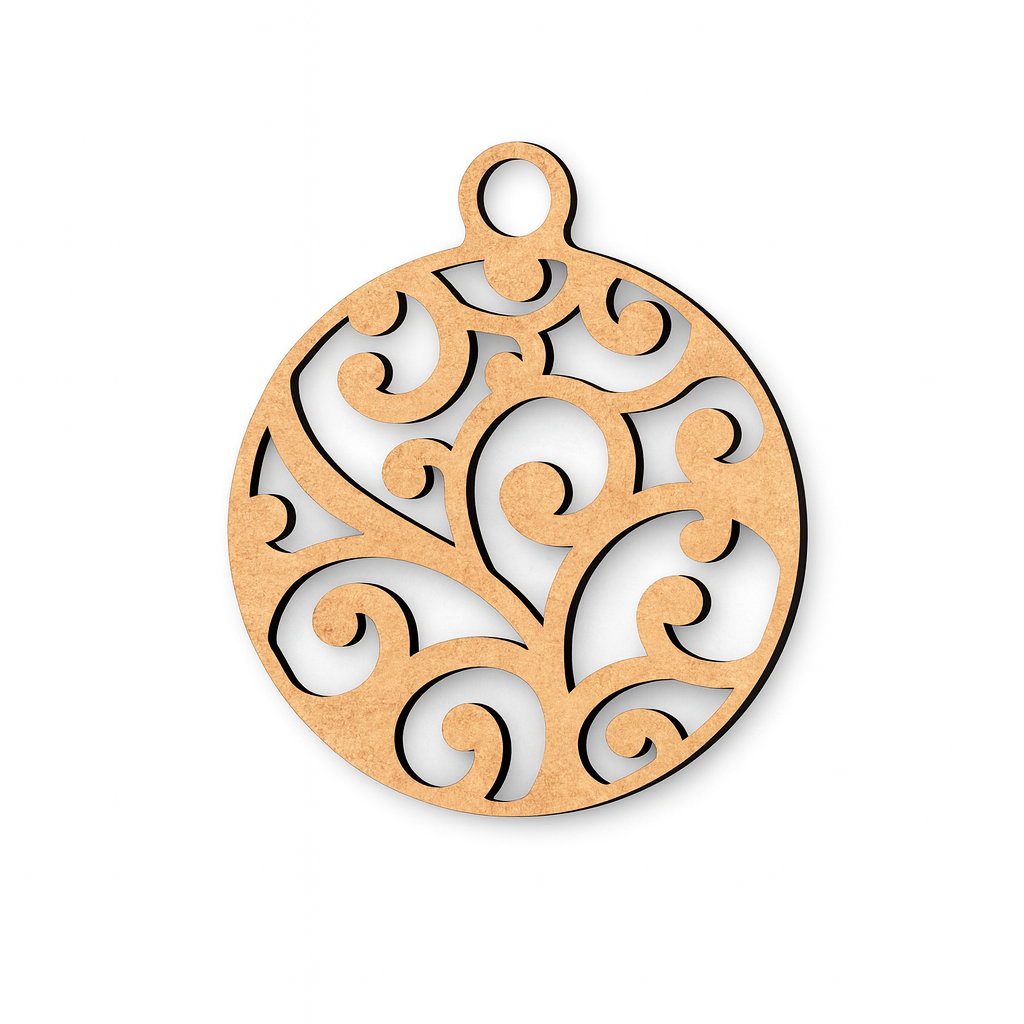 DIY MDF swirl bauble ornament cutout for painting and hanging decor.