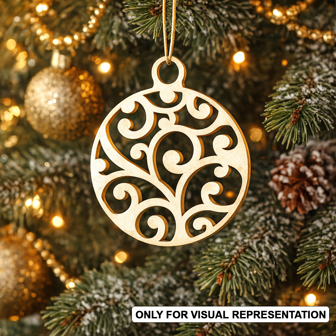 DIY MDF swirl bauble ornament cutout for painting and hanging decor  hanging on Christmas tree
