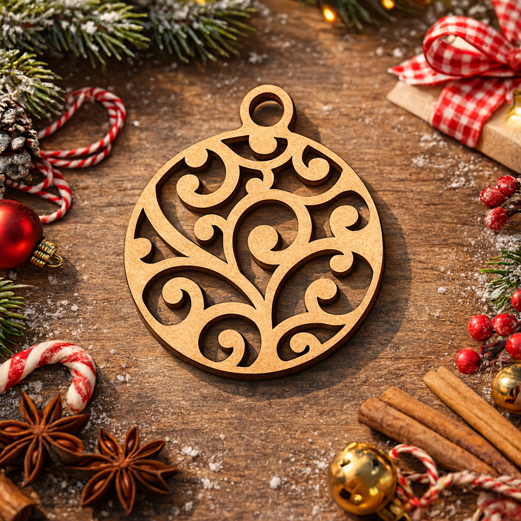 DIY MDF swirl bauble ornament cutout for painting and hanging decor show on table 