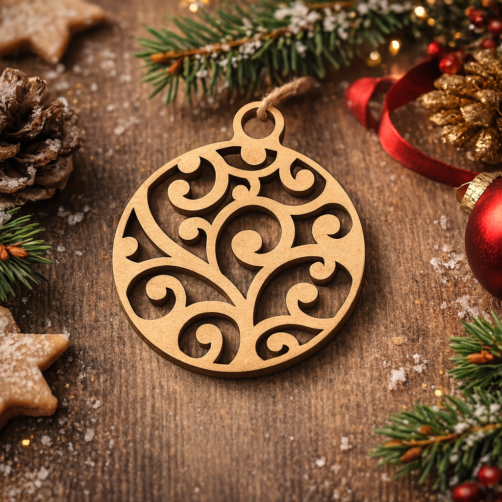 DIY MDF swirl bauble ornament cutout for painting and hanging decor show on table 