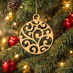 DIY MDF swirl bauble ornament cutout for painting and hanging decor  hanging on Christmas tree