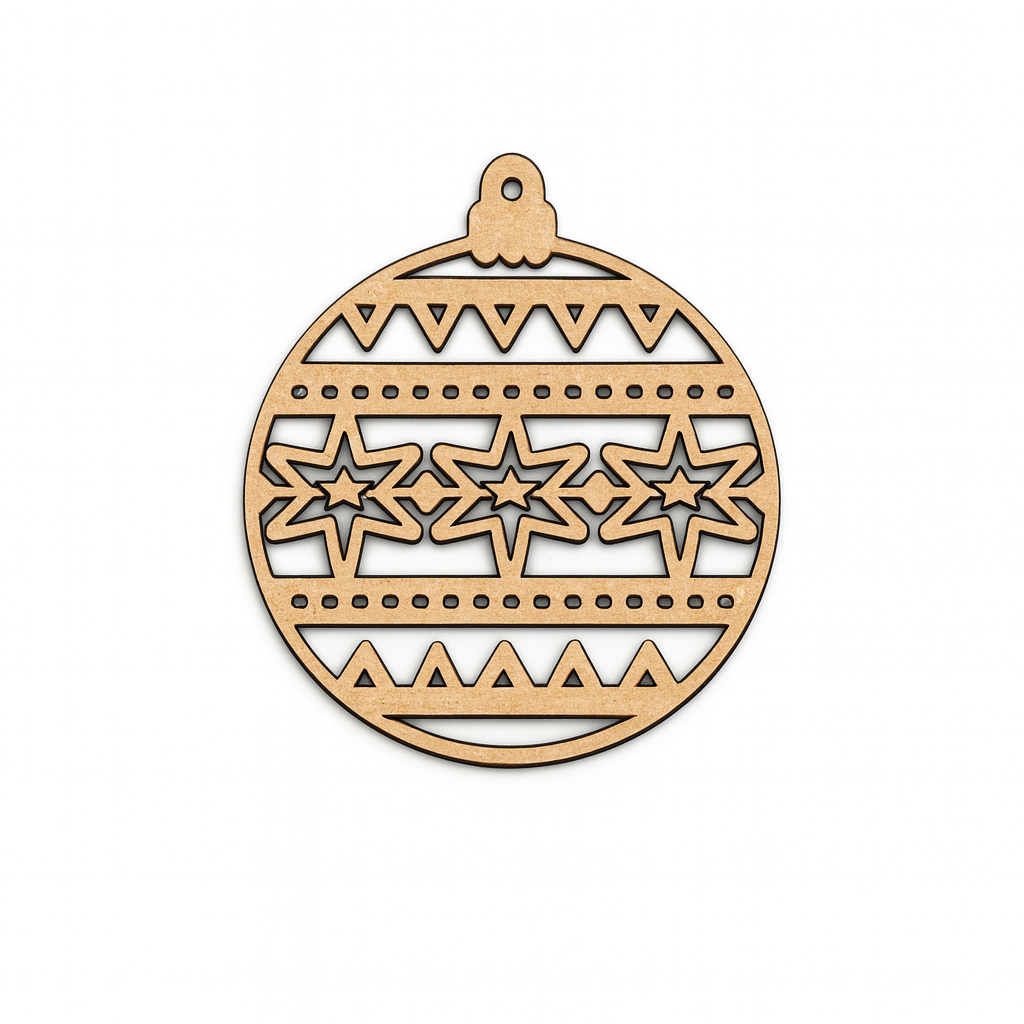 MDF Christmas bauble ornament cutout with star pattern and geometric design for DIY painting and festive craft decoration
