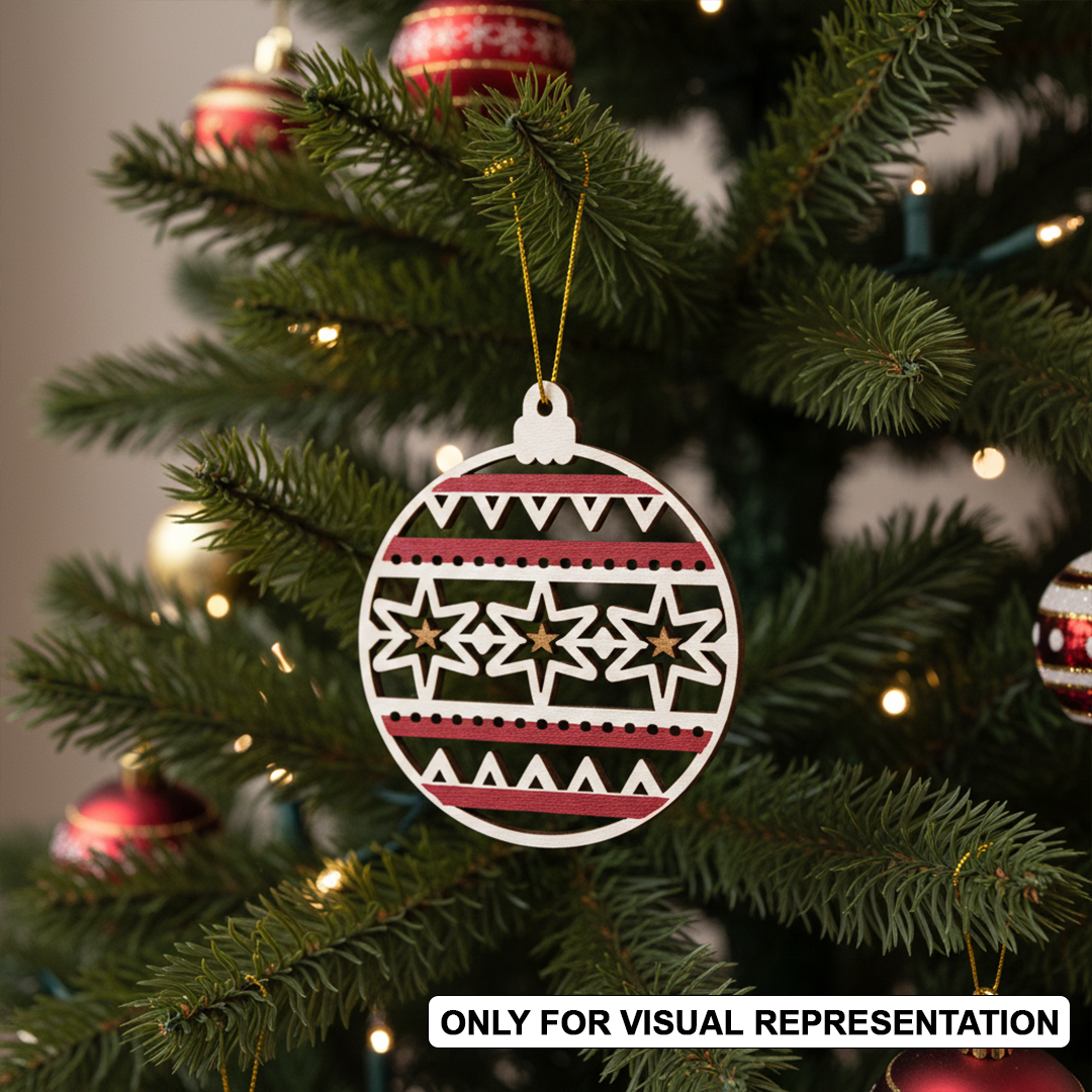 MDF Christmas bauble ornament coloured cutout with star pattern and geometric design hanging on Christmas tree(visual representation).