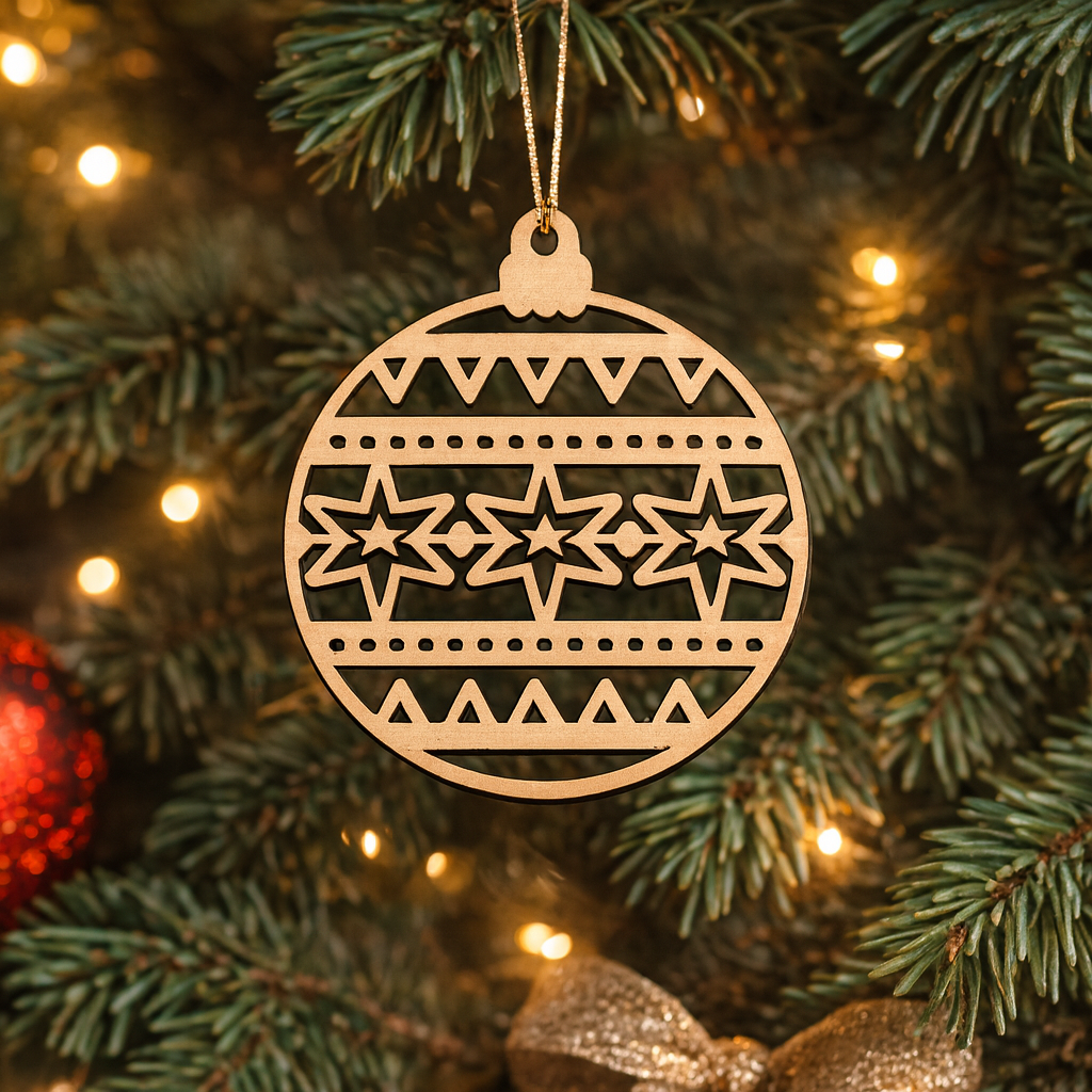 MDF Christmas bauble ornament cutout with star pattern and geometric design hanging on Christmas tree.
