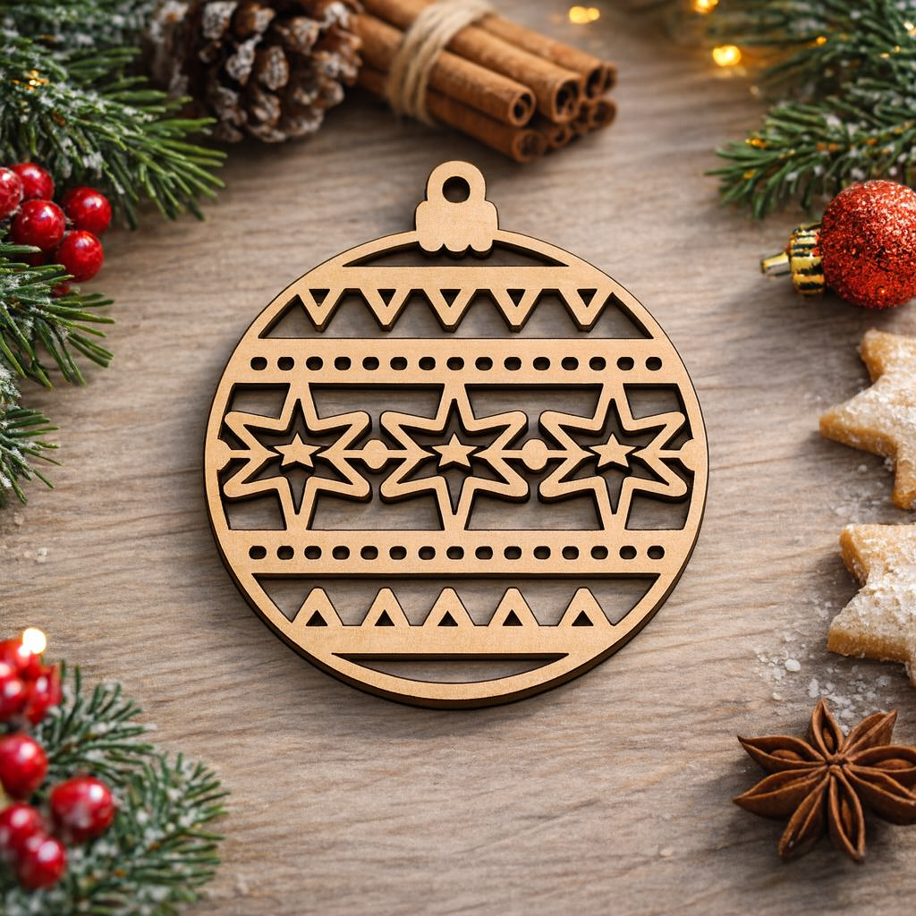 MDF Christmas bauble ornament cutout with star pattern and geometric design for DIY painting and festive craft decoration show on table.