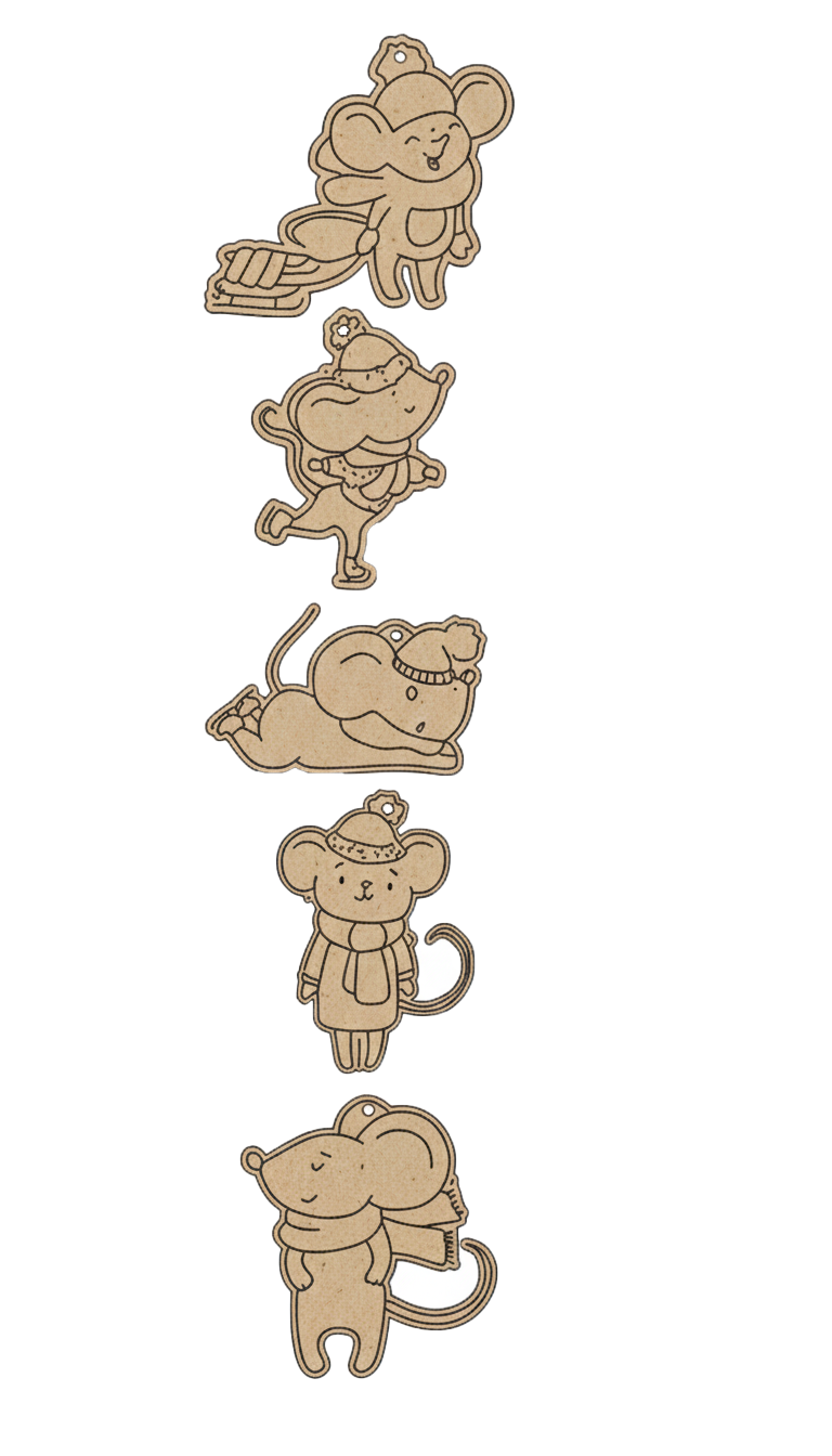 Set of DIY MDF winter mouse ornament cutouts blank for painting and hanging.