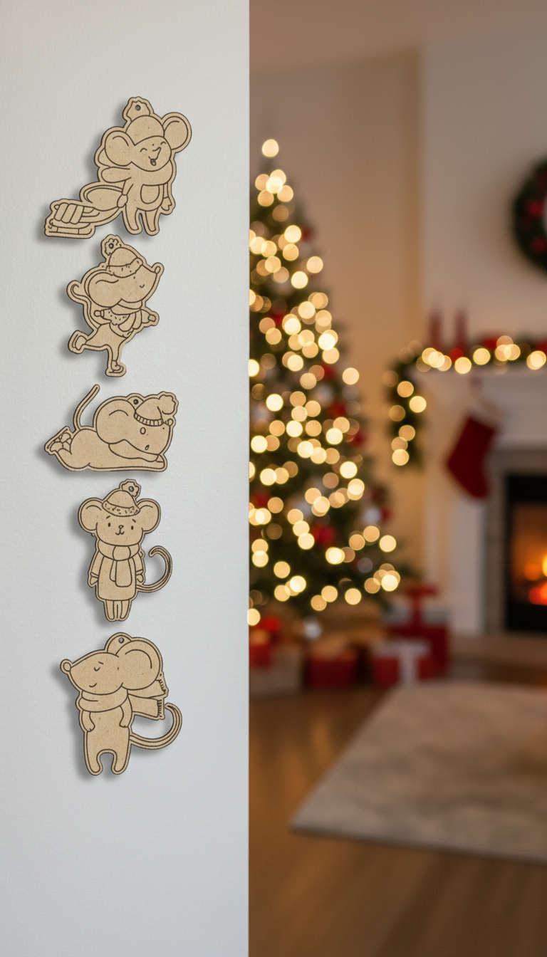 Set of DIY MDF winter mouse ornament cutouts blank for painting and hanging, mounted on wall