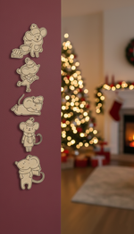 Set of DIY MDF winter mouse ornament cutouts blank for painting and hanging, mounted on red wall