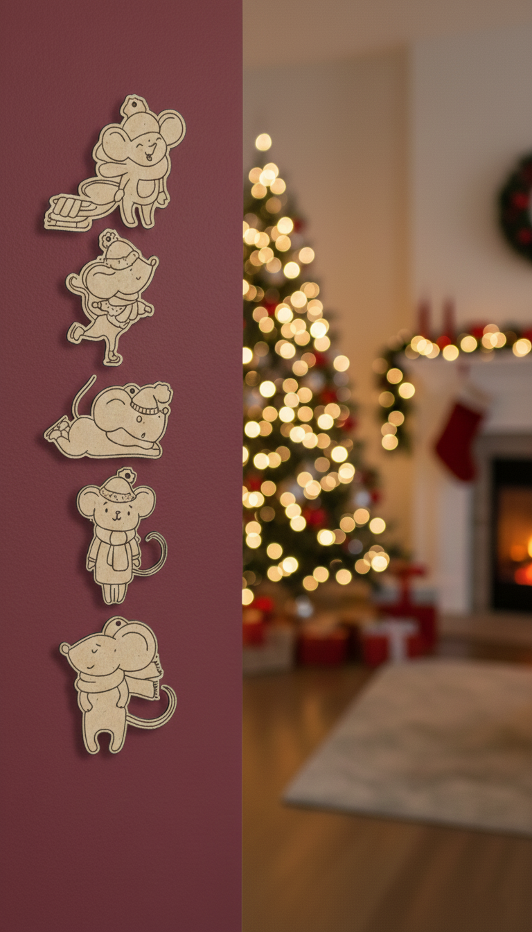 Set of DIY MDF winter mouse ornament cutouts blank for painting and hanging, mounted on red wall
