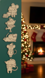 Set of DIY MDF winter mouse ornament cutouts blank for painting and hanging, mounted on green wall