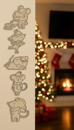 Set of DIY MDF winter mouse ornament cutouts blank for painting and hanging mounted on wall