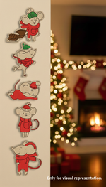 Set of DIY MDF winter mouse ornament cutouts blank for painting and hanging, mounted on wall (visual representation)