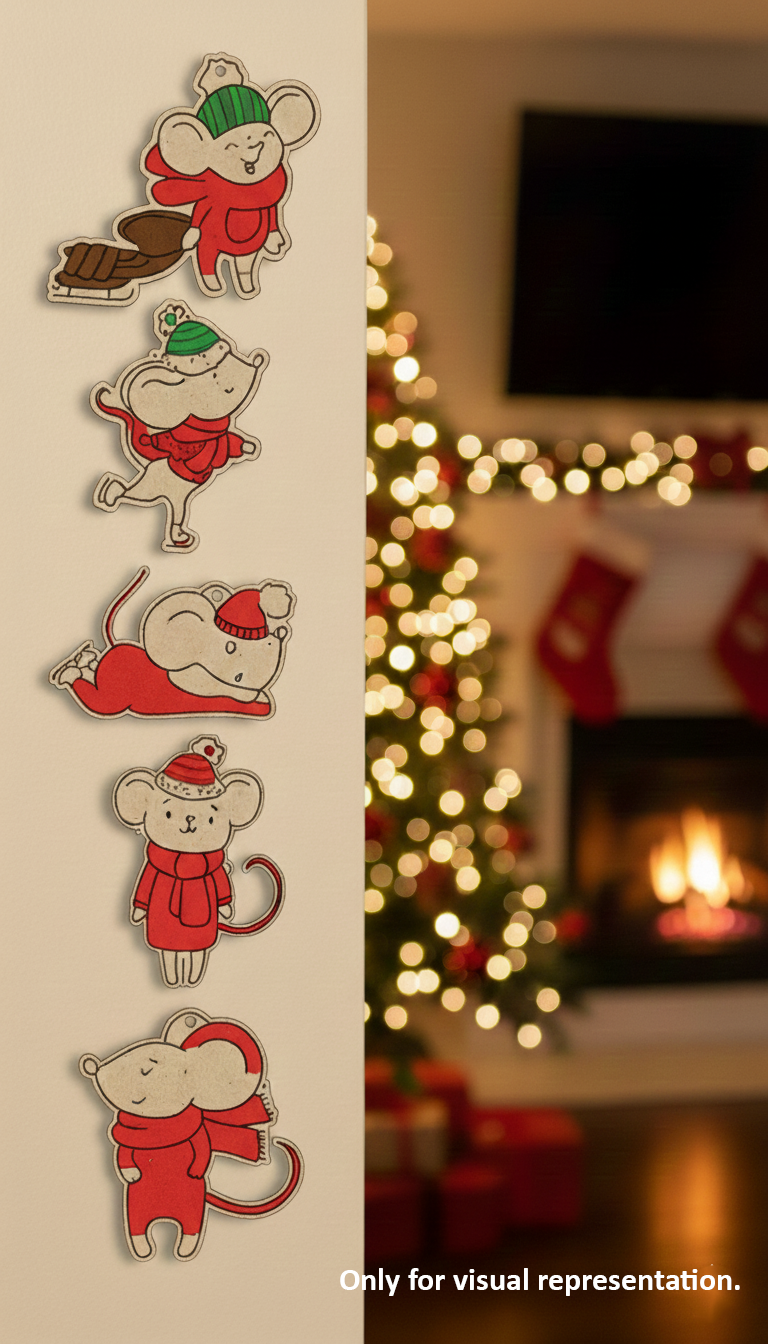 Set of DIY MDF winter mouse ornament cutouts blank for painting and hanging, mounted on wall (visual representation)