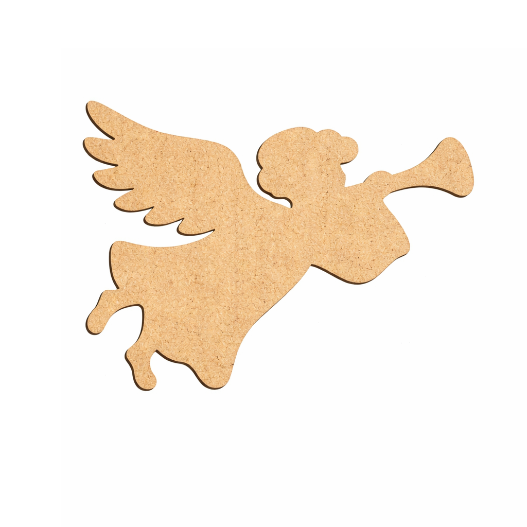 Laser cut DIY MDF flying angel ornament silhouette with trumpet, for painting.