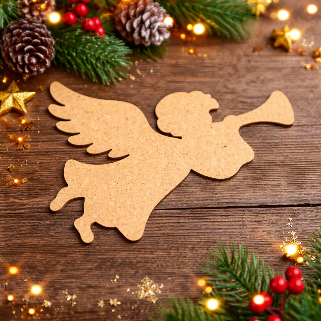 Laser cut DIY MDF flying angel ornament silhouette with trumpet, for painting, show on table 