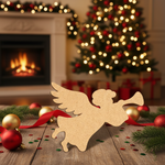 Laser cut DIY MDF flying angel ornament silhouette with trumpet, for painting, standing on table 