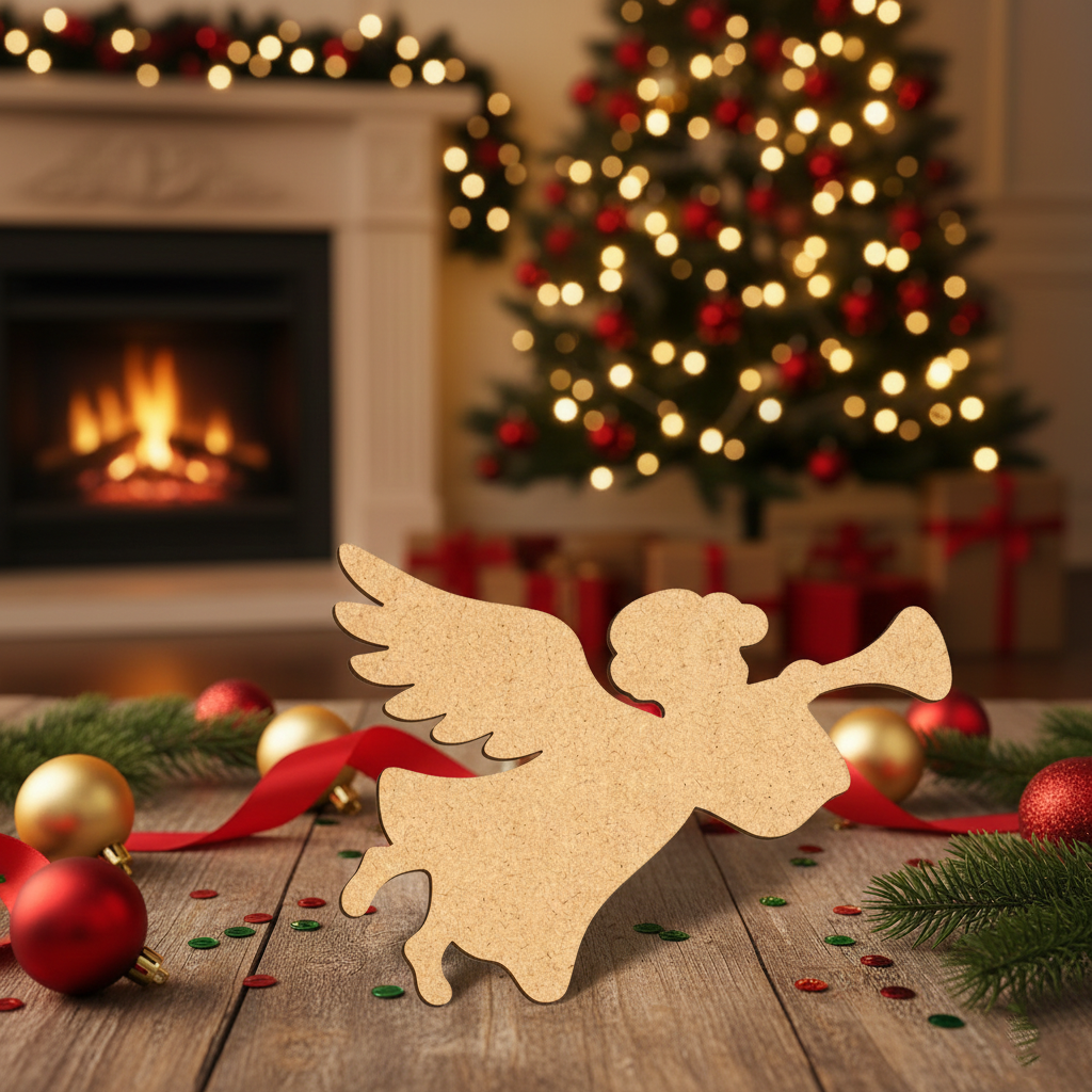 Laser cut DIY MDF flying angel ornament silhouette with trumpet, for painting, standing on table 