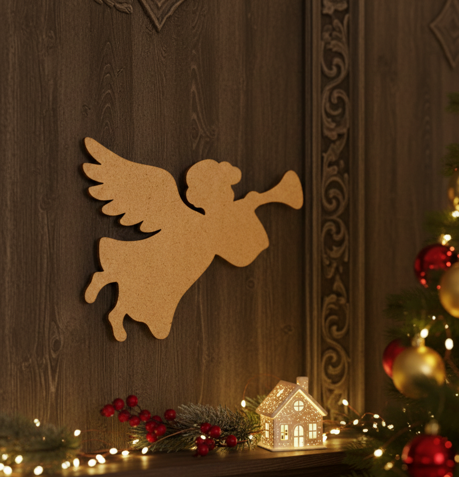 Laser cut DIY MDF flying angel ornament silhouette with trumpet, for painting mounted on bad room wall