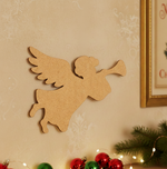 Laser cut DIY MDF flying angel ornament silhouette with trumpet, for painting, mounted on wall