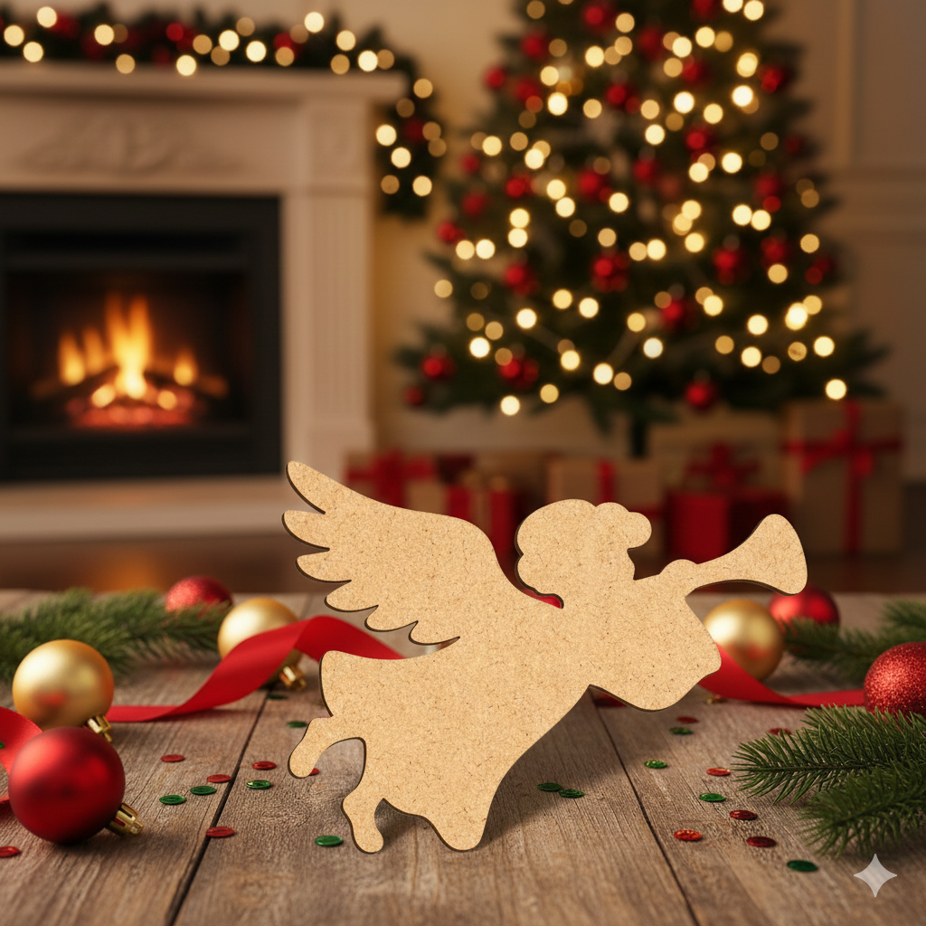 Laser cut DIY MDF flying angel ornament silhouette with trumpet, for painting, standing on table 