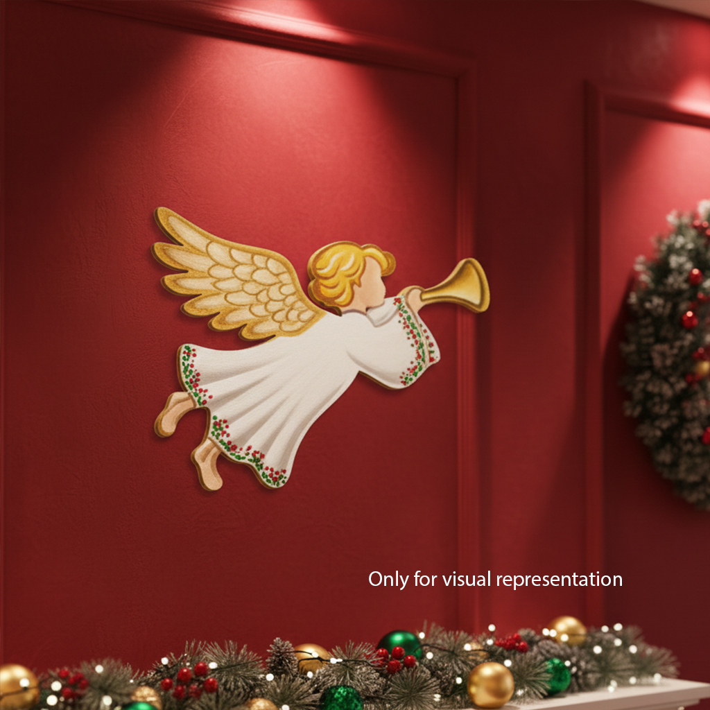 Laser cut DIY MDF flying angel coloured ornament silhouette with trumpet, mounted in room (visual representation)
